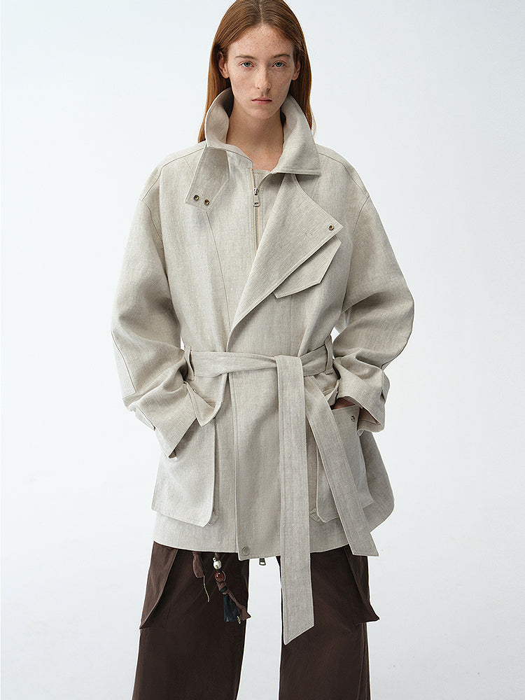 Linen Blend Lace-Up Mid-Length Trench Coat
