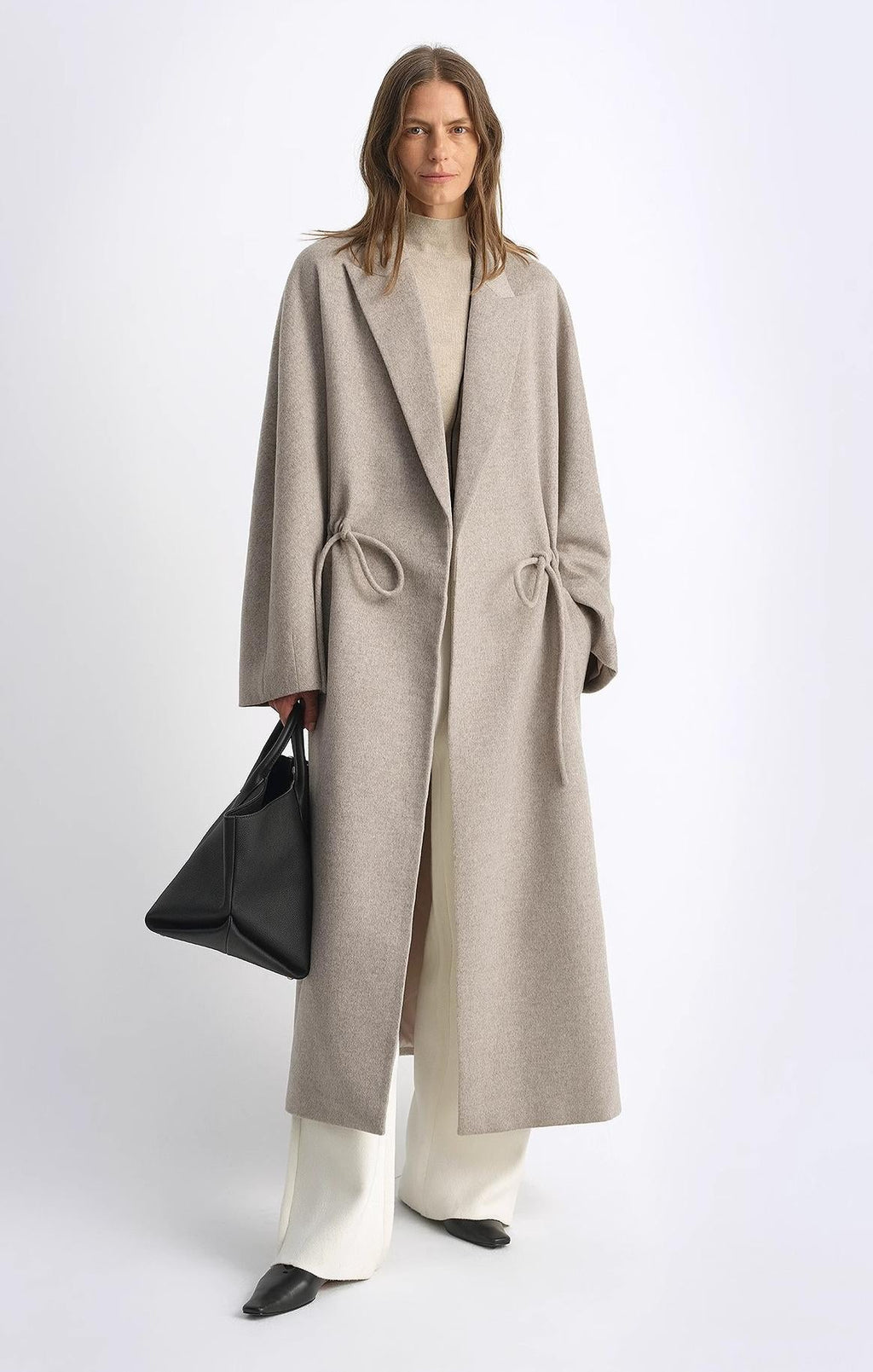 Wool Peaked Lapel Drawstring Mid-Length Wool Coat