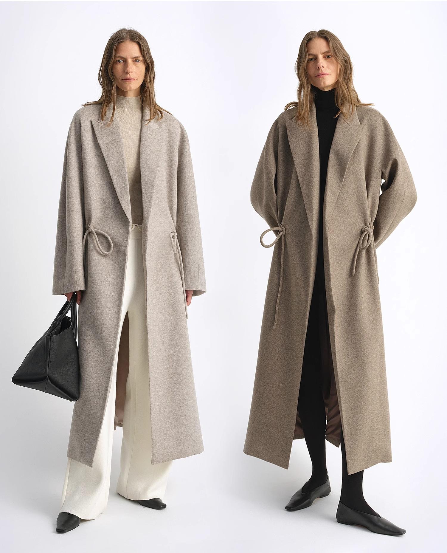 Wool Peaked Lapel Drawstring Mid-Length Wool Coat