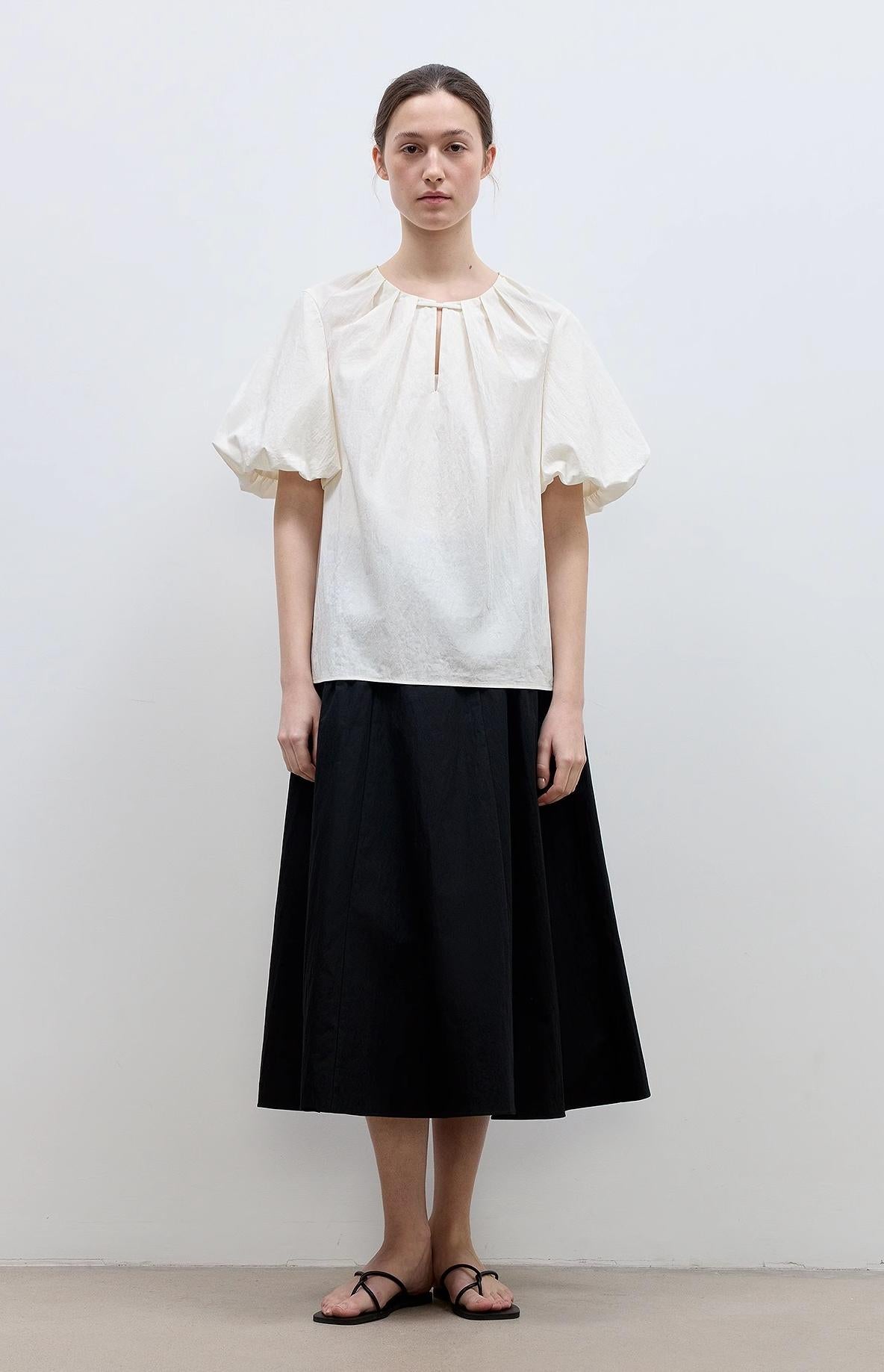 Round Neck Tie Puff Sleeve Short Sleeve Shirt