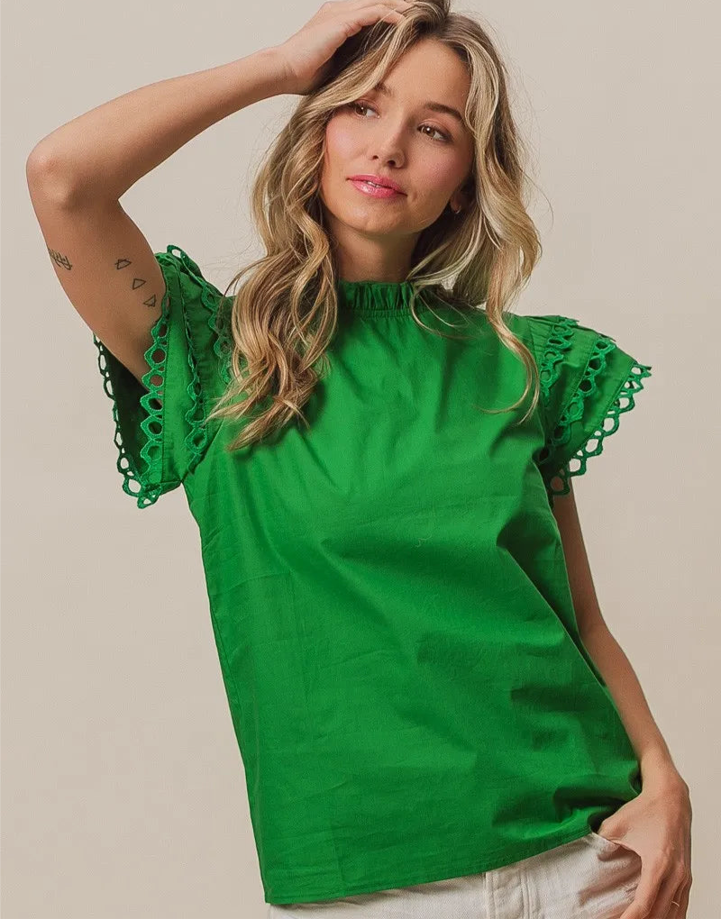Woven Circle Trim Ruffle Top