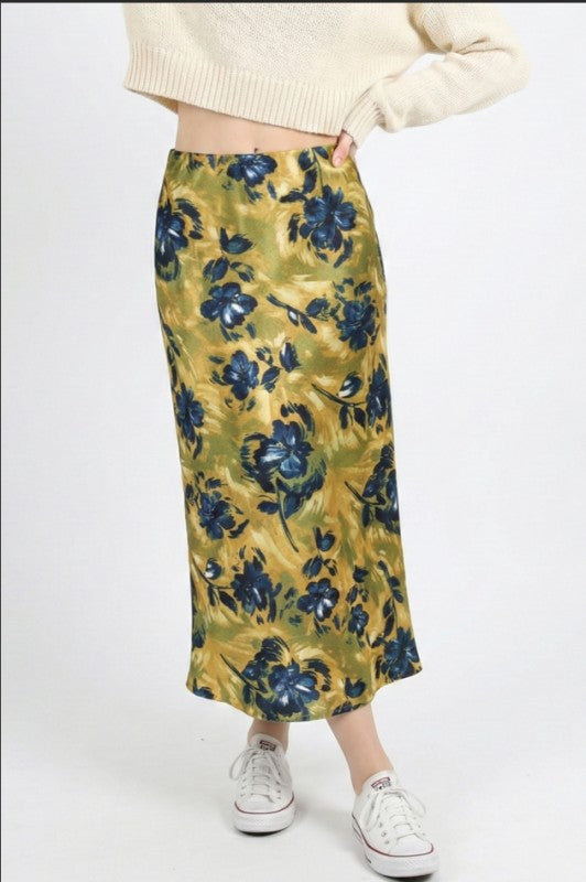Satin Floral Print Skirt
