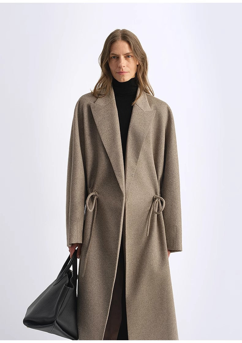 Wool Peaked Lapel Drawstring Mid-Length Wool Coat