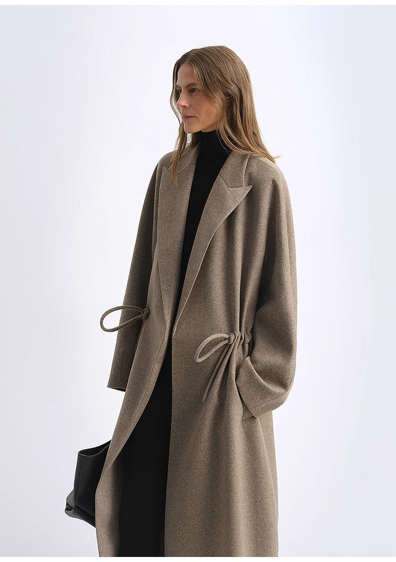 Wool Peaked Lapel Drawstring Mid-Length Wool Coat