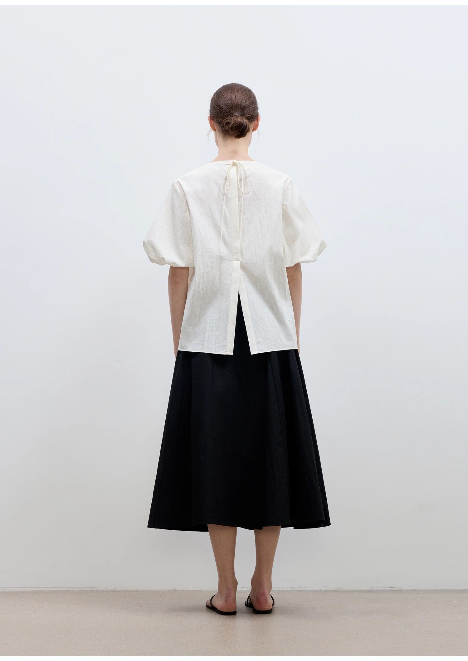 Round Neck Tie Puff Sleeve Short Sleeve Shirt