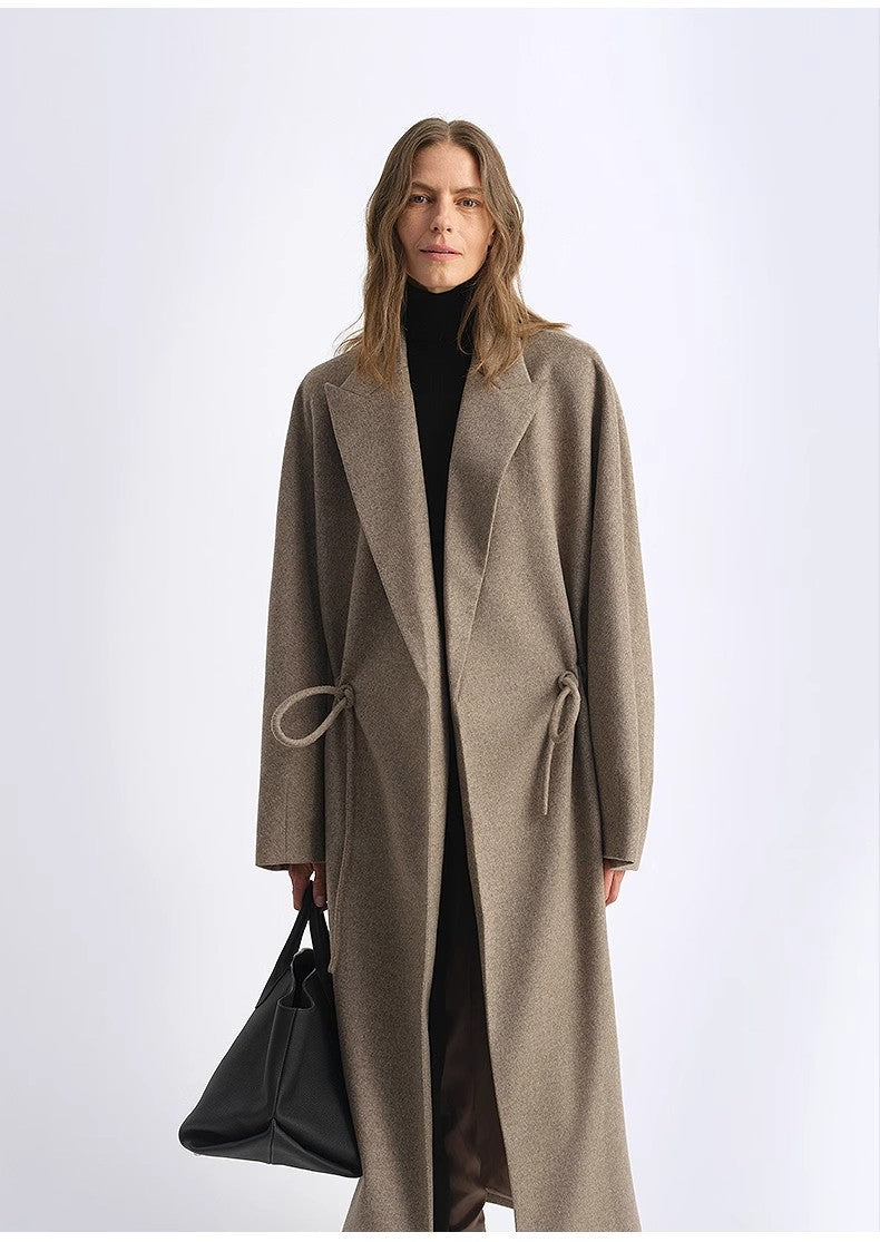 Wool Peaked Lapel Drawstring Mid-Length Wool Coat