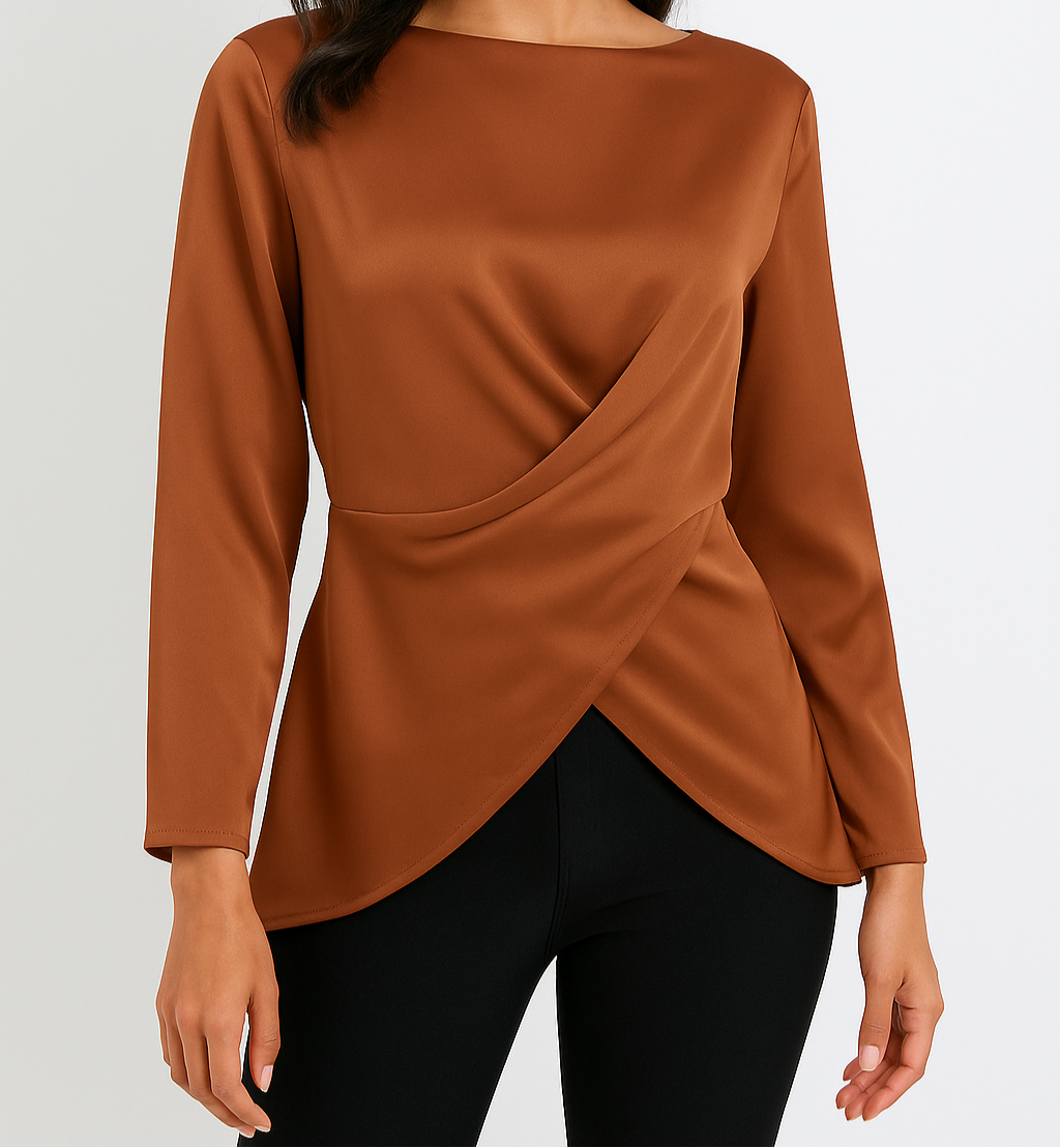 Boat Neck Back Tie Long Sleeve Satin Blouse
