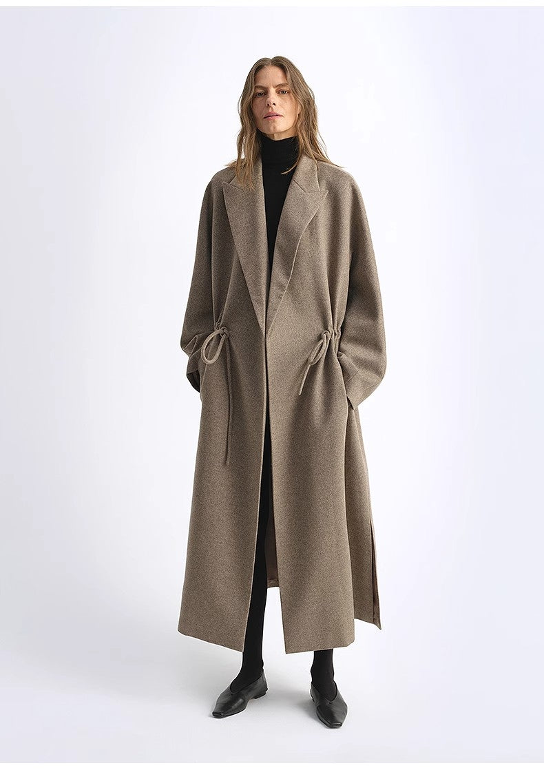 Wool Peaked Lapel Drawstring Mid-Length Wool Coat