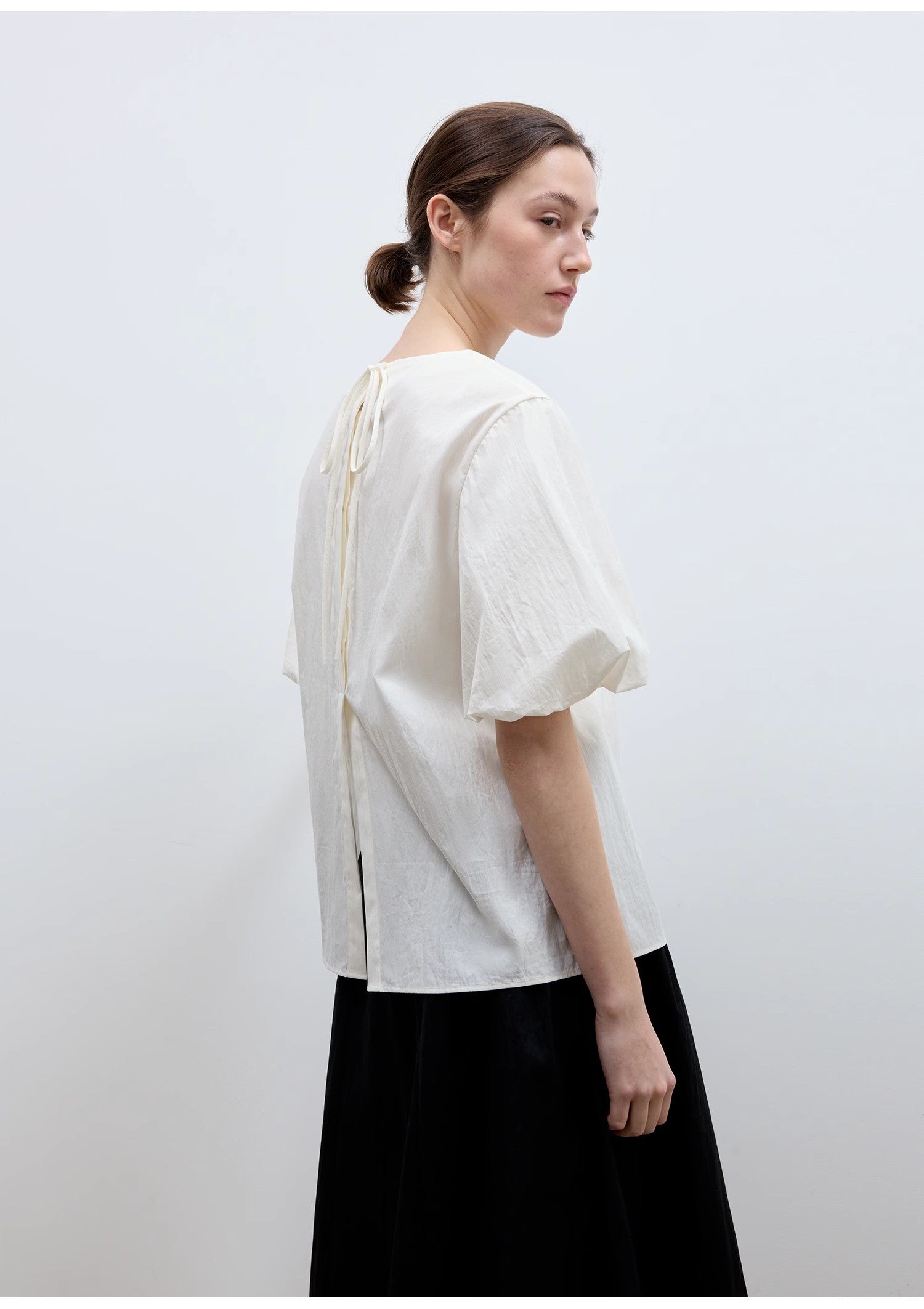 Round Neck Tie Puff Sleeve Short Sleeve Shirt