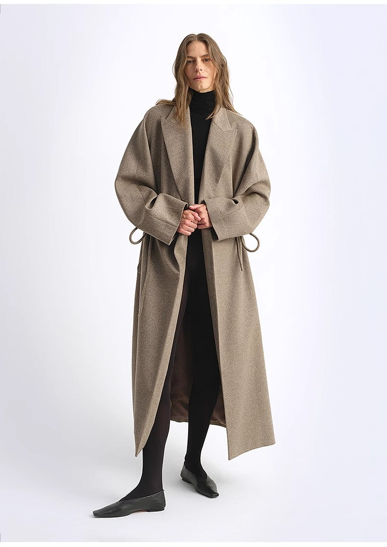 Wool Peaked Lapel Drawstring Mid-Length Wool Coat