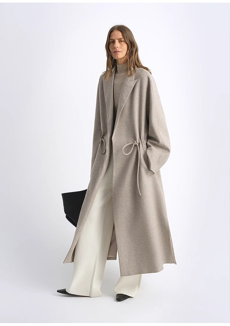 Wool Peaked Lapel Drawstring Mid-Length Wool Coat
