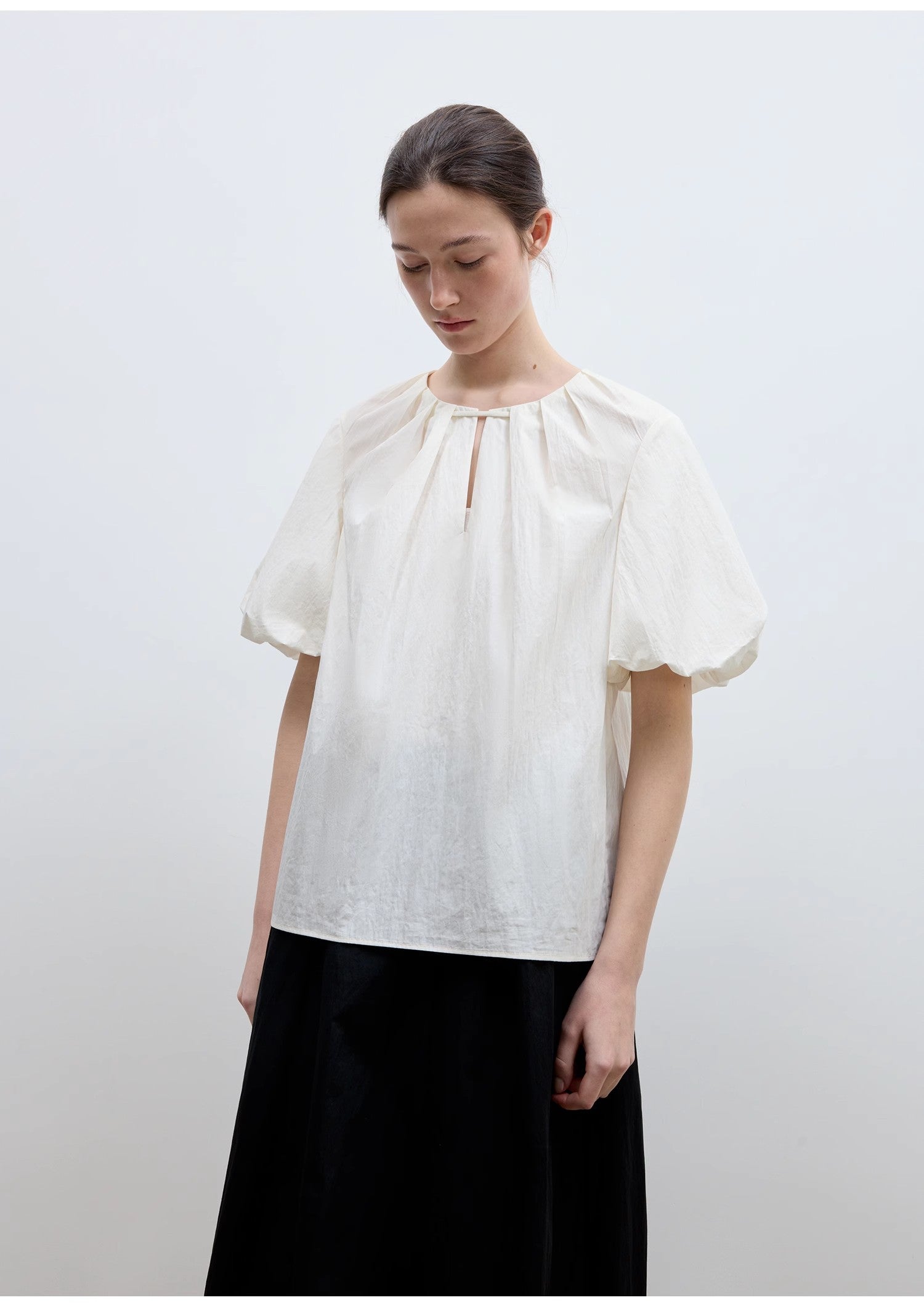 Round Neck Tie Puff Sleeve Short Sleeve Shirt