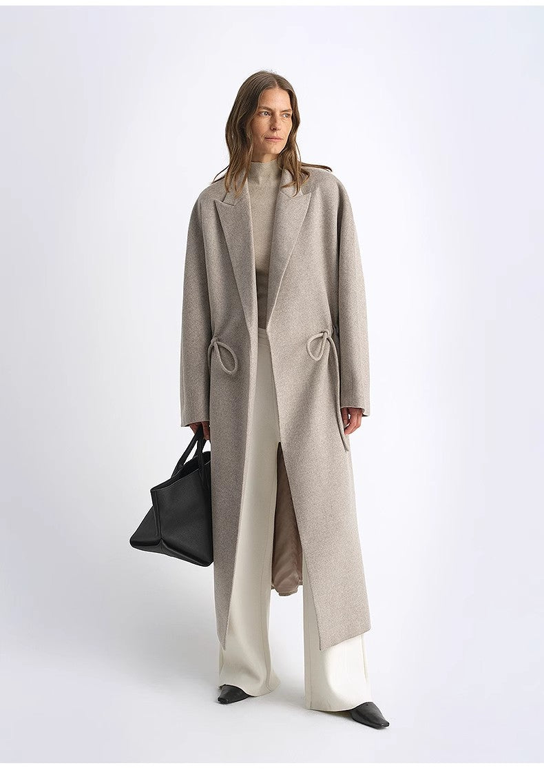 Wool Peaked Lapel Drawstring Mid-Length Wool Coat