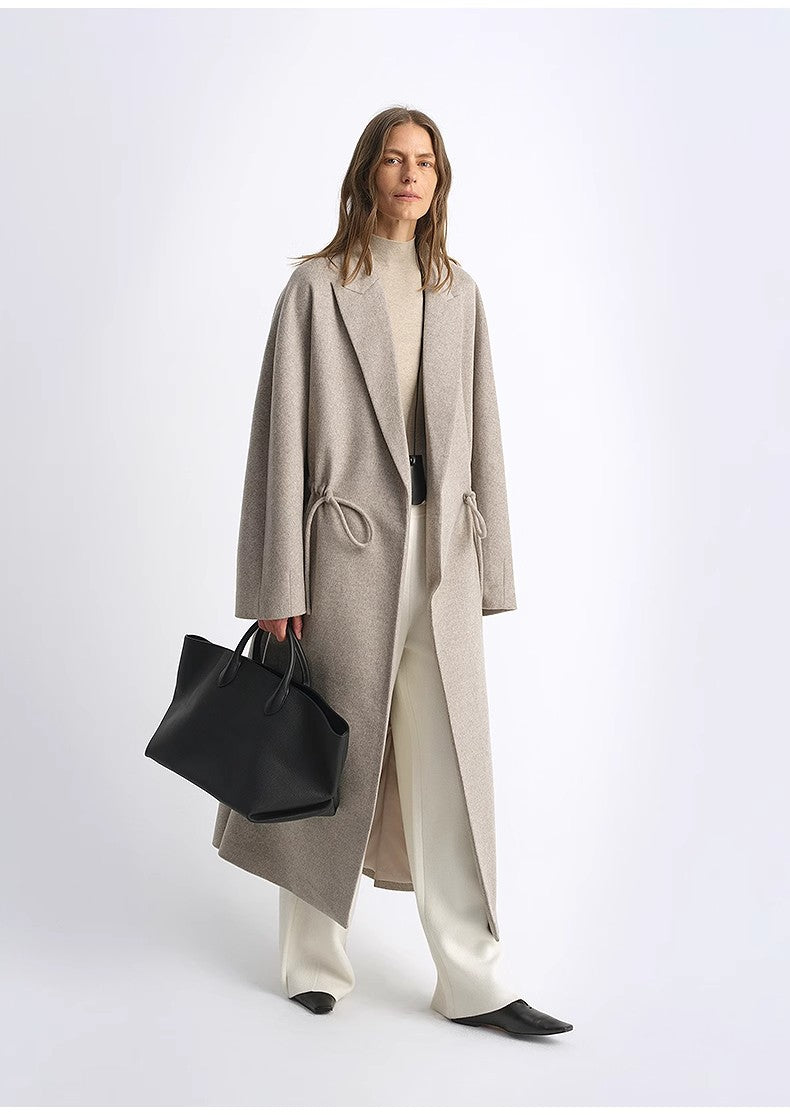 Wool Peaked Lapel Drawstring Mid-Length Wool Coat