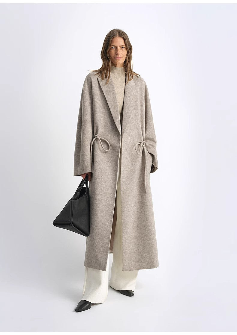 Wool Peaked Lapel Drawstring Mid-Length Wool Coat