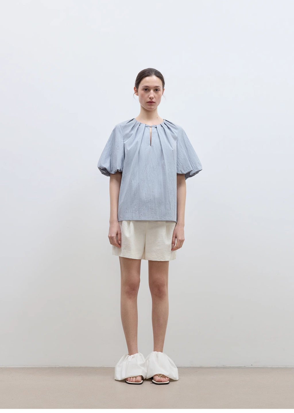 Round Neck Tie Puff Sleeve Short Sleeve Shirt