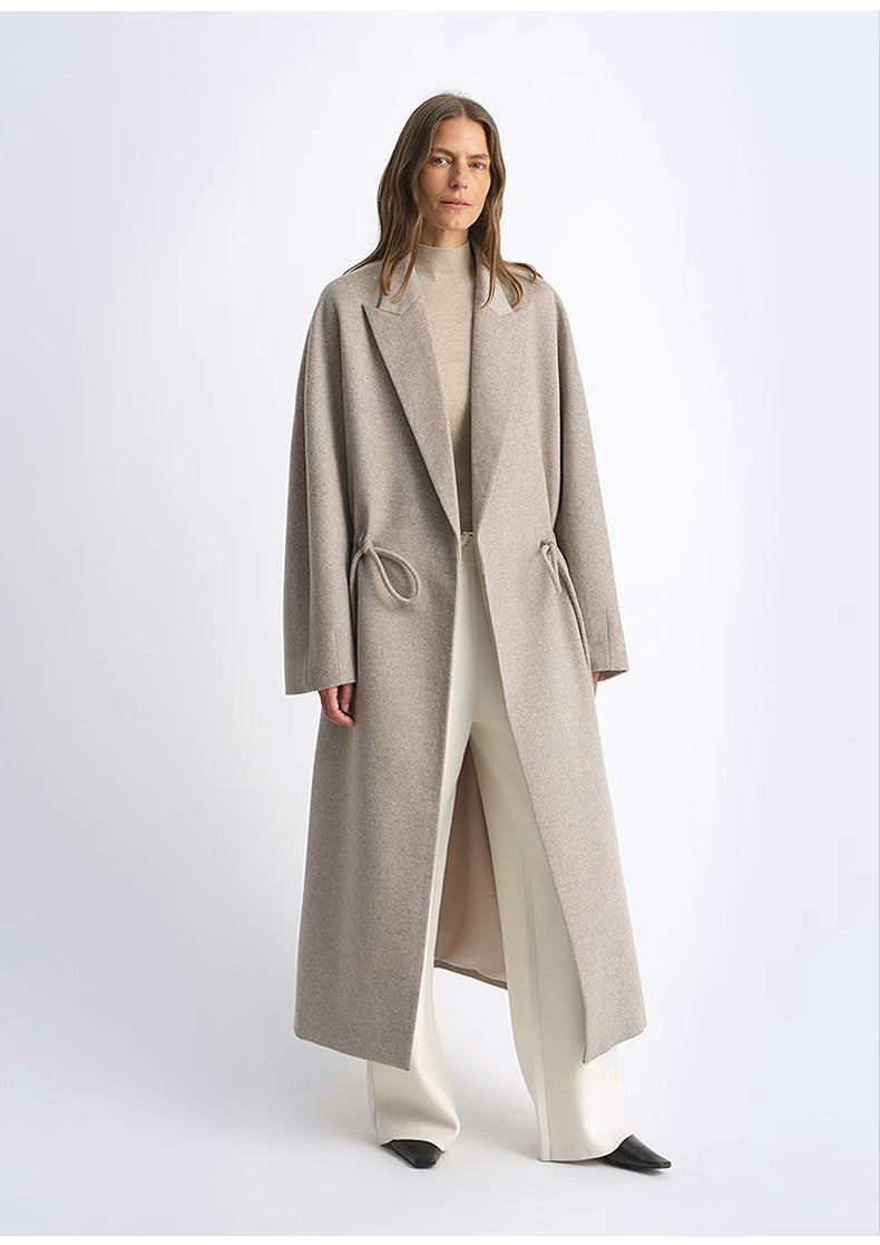 Wool Peaked Lapel Drawstring Mid-Length Wool Coat