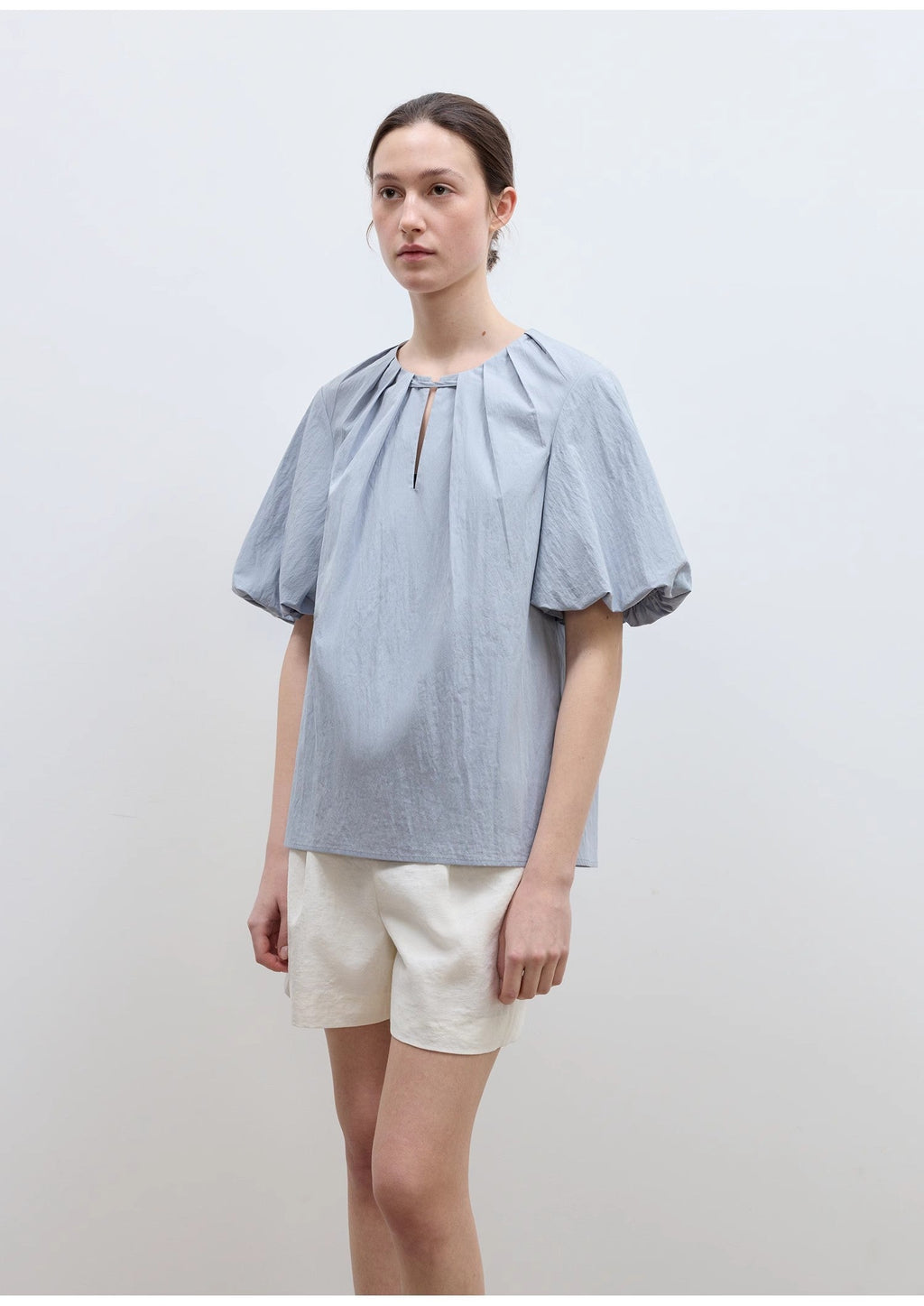 Round Neck Tie Puff Sleeve Short Sleeve Shirt