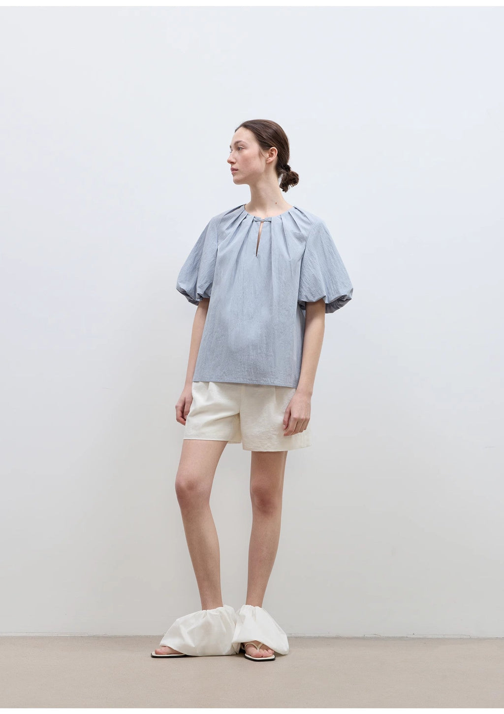 Round Neck Tie Puff Sleeve Short Sleeve Shirt