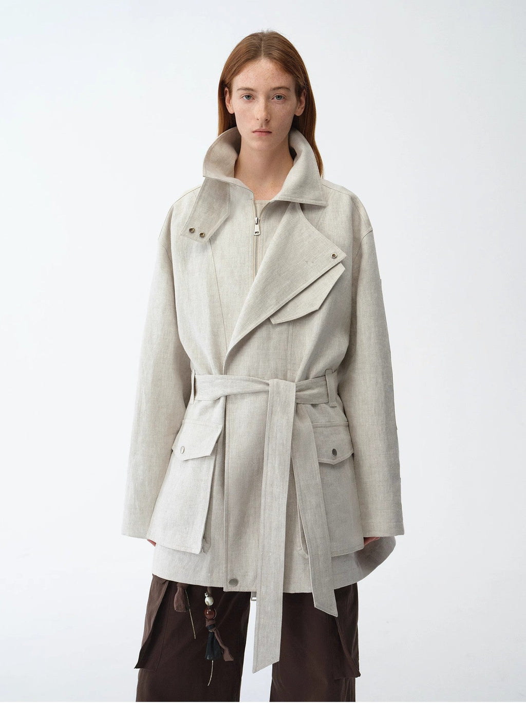 Linen Blend Lace-Up Mid-Length Trench Coat