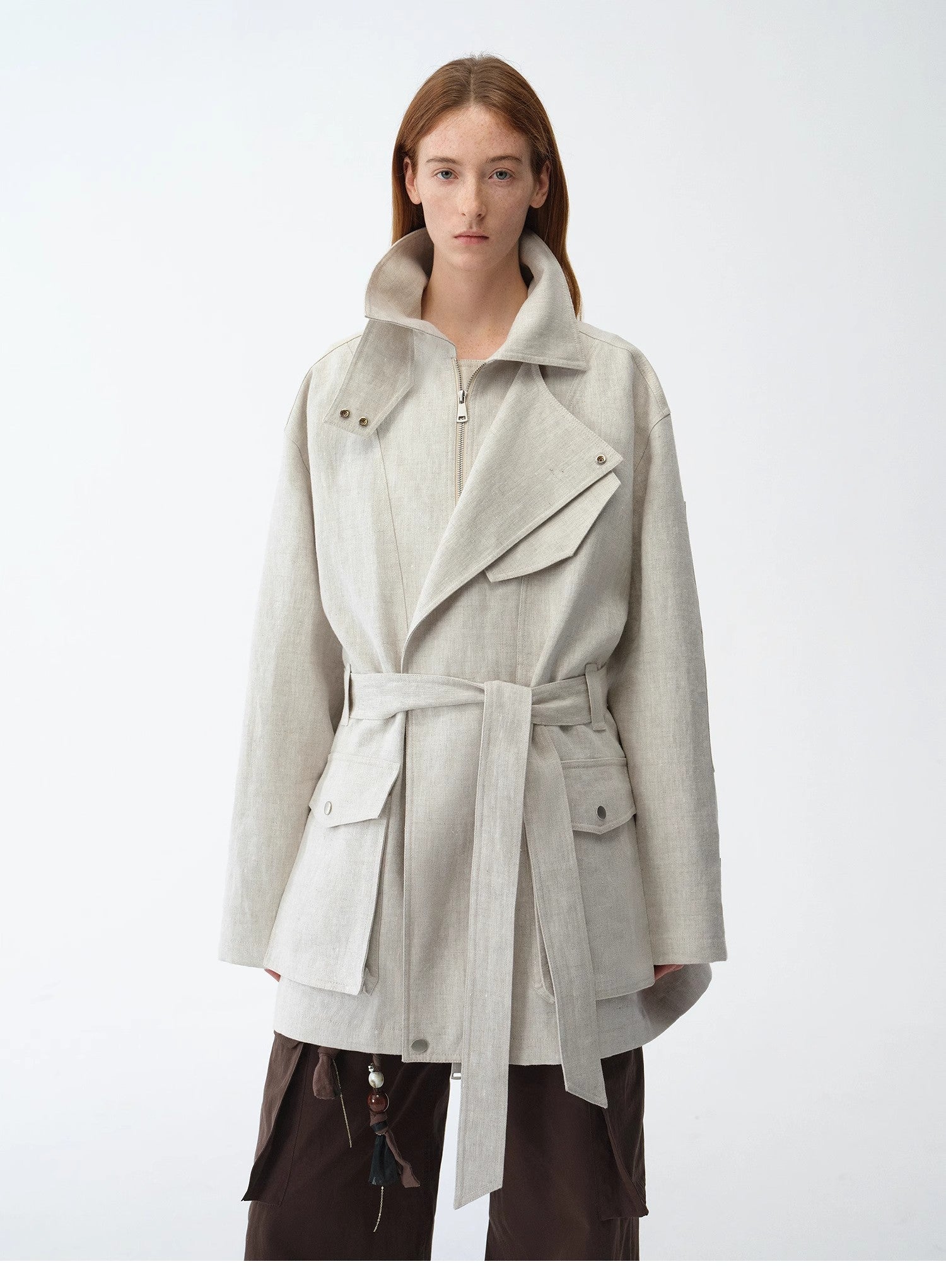 Linen Blend Lace-Up Mid-Length Trench Coat