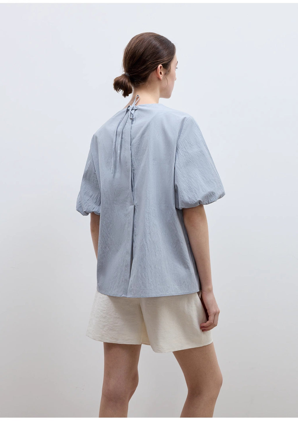 Round Neck Tie Puff Sleeve Short Sleeve Shirt