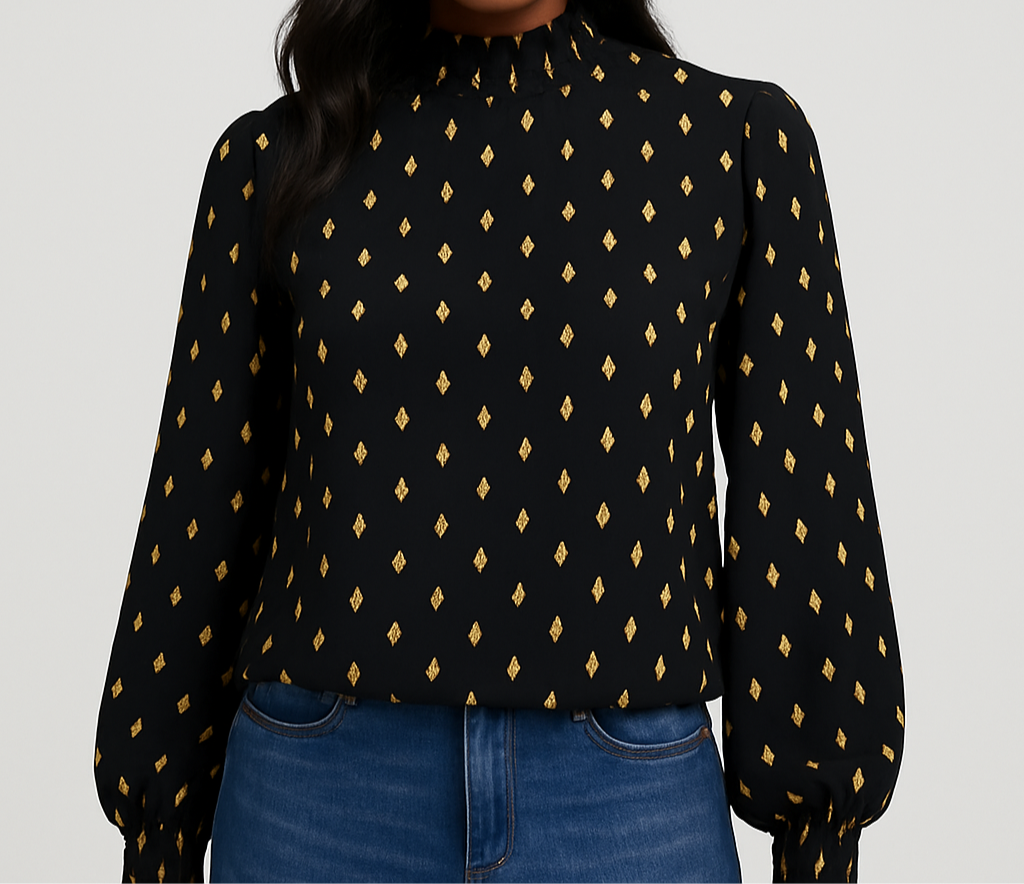 Geometric Print Frill Neck Lantern Sleeve Blouse