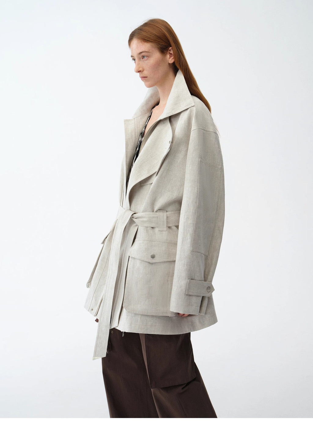 Linen Blend Lace-Up Mid-Length Trench Coat
