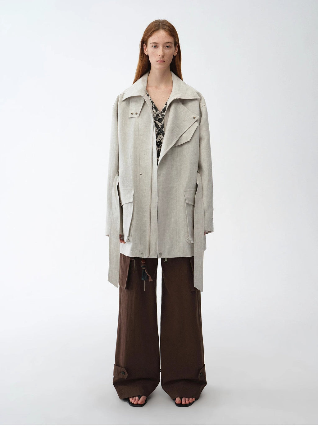 Linen Blend Lace-Up Mid-Length Trench Coat
