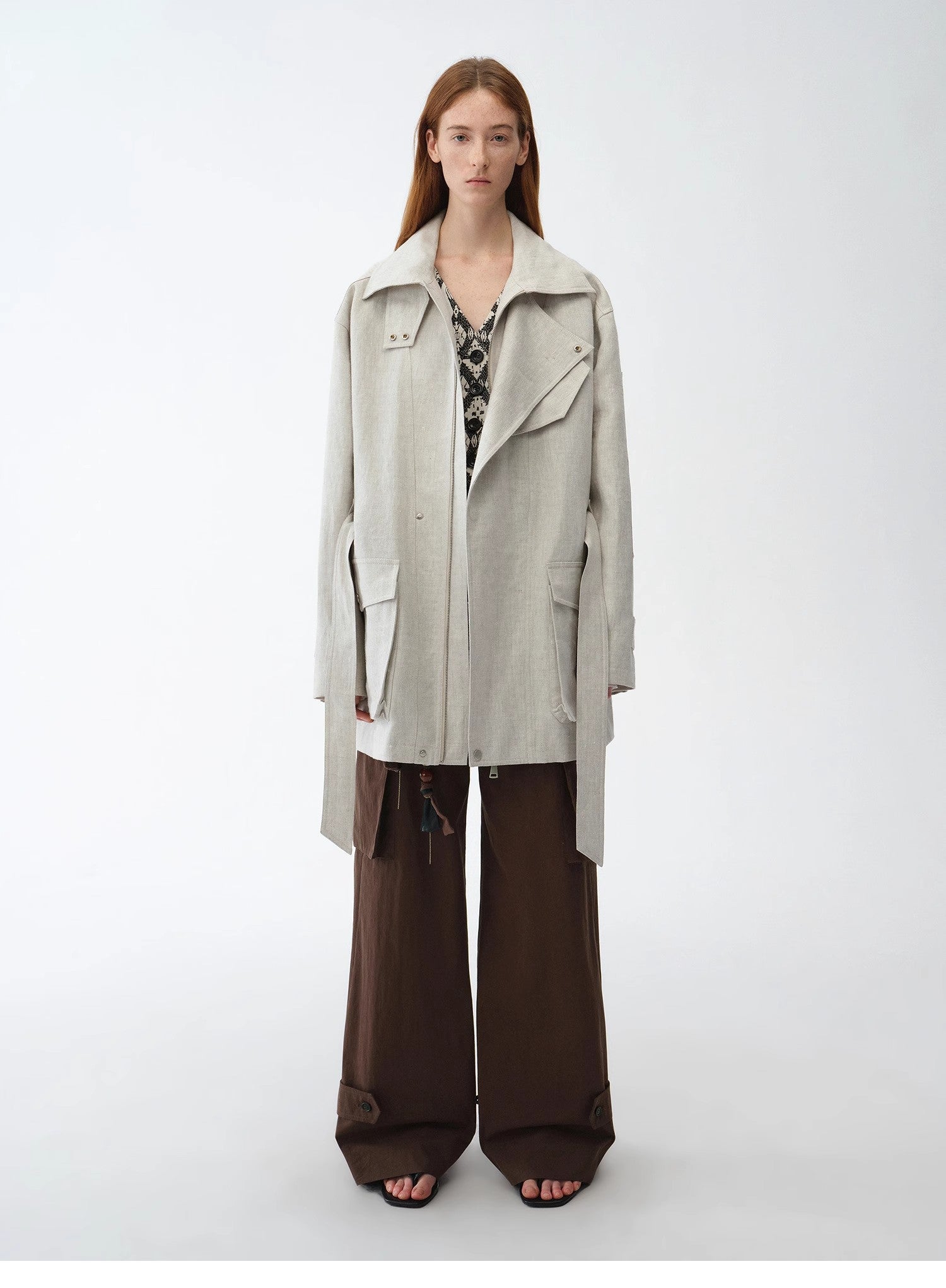 Linen Blend Lace-Up Mid-Length Trench Coat