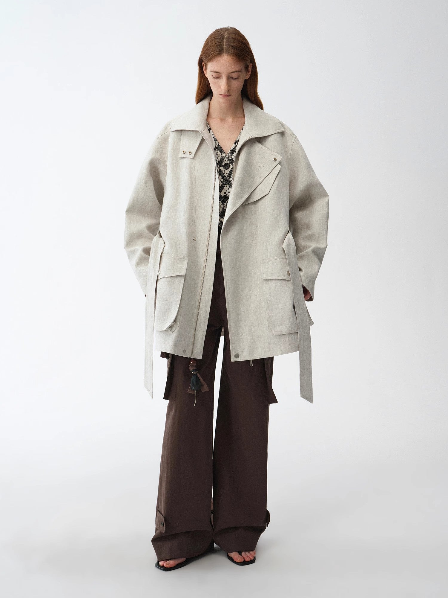 Linen Blend Lace-Up Mid-Length Trench Coat