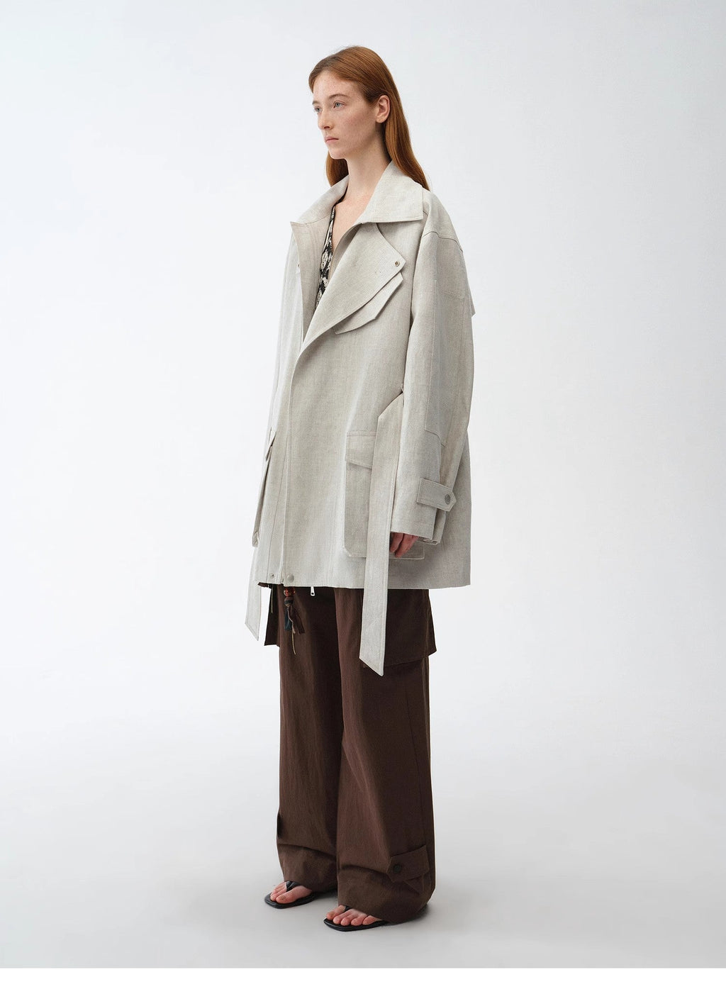 Linen Blend Lace-Up Mid-Length Trench Coat