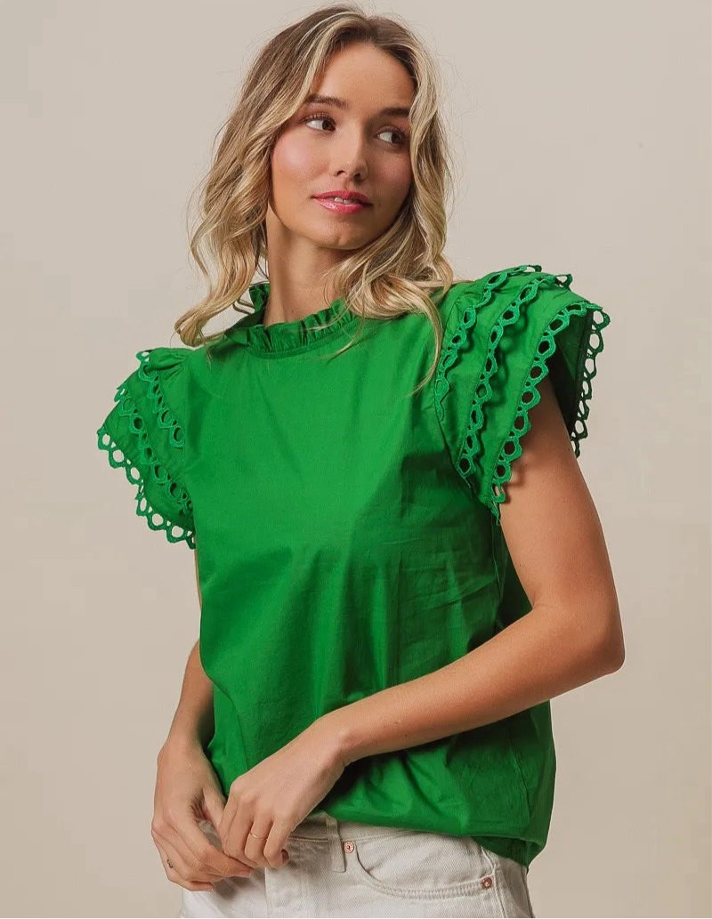 Woven Circle Trim Ruffle Top