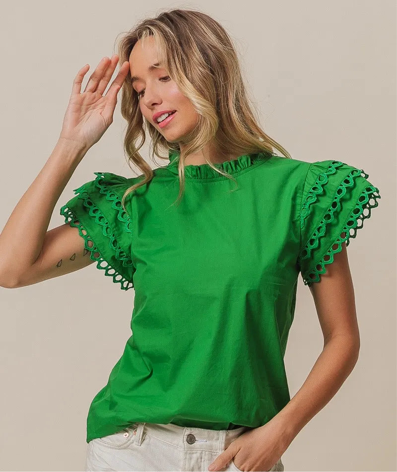Woven Circle Trim Ruffle Top