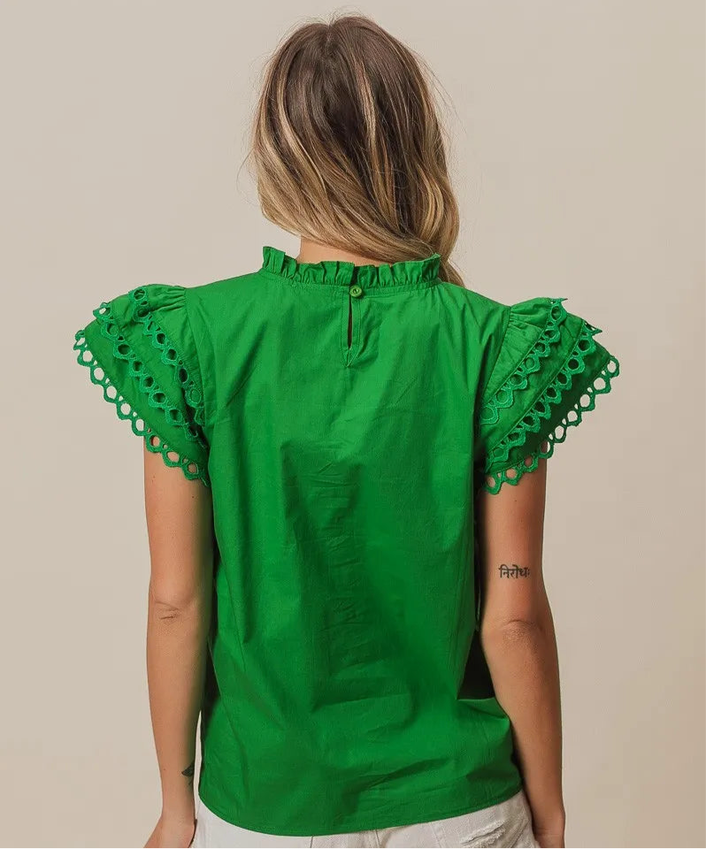 Woven Circle Trim Ruffle Top