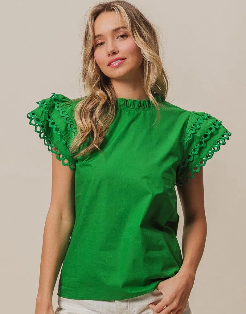 Woven Circle Trim Ruffle Top