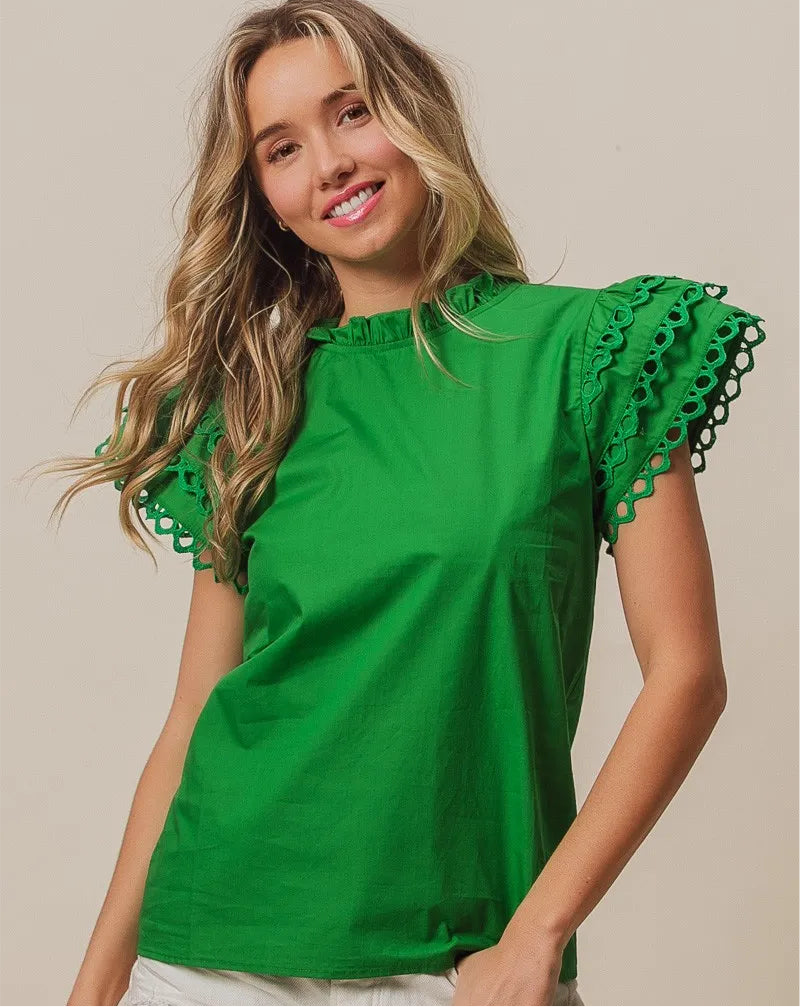 Woven Circle Trim Ruffle Top