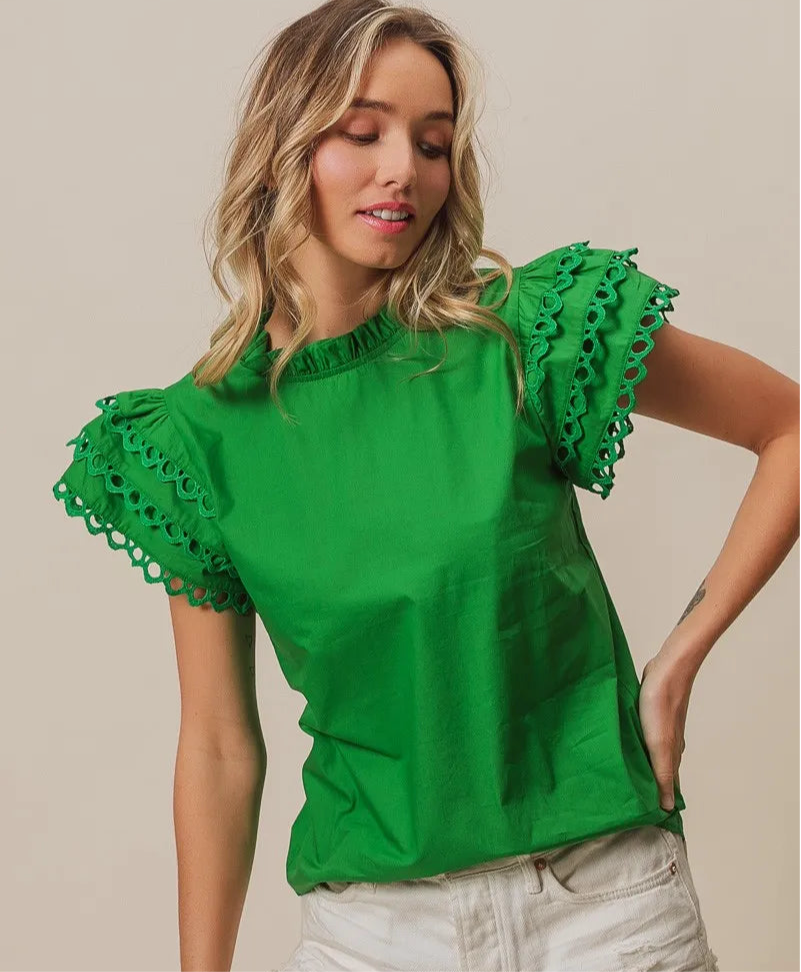 Woven Circle Trim Ruffle Top