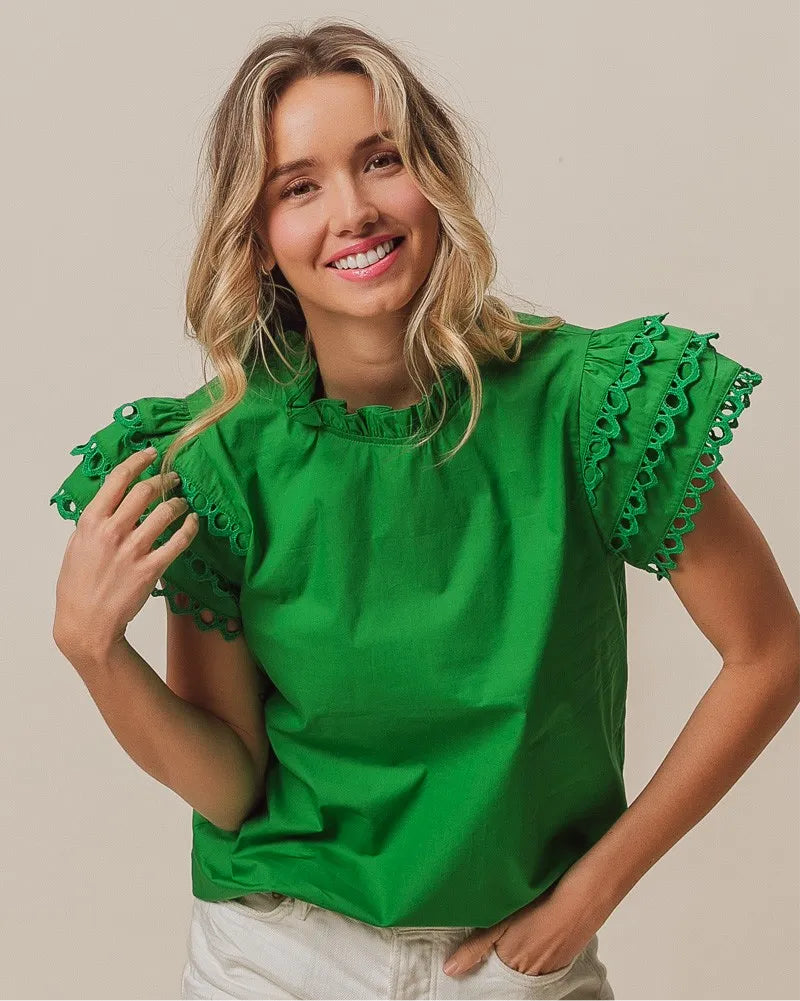 Woven Circle Trim Ruffle Top