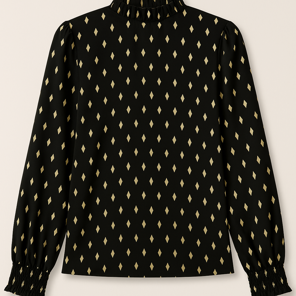 Geometric Print Frill Neck Lantern Sleeve Blouse