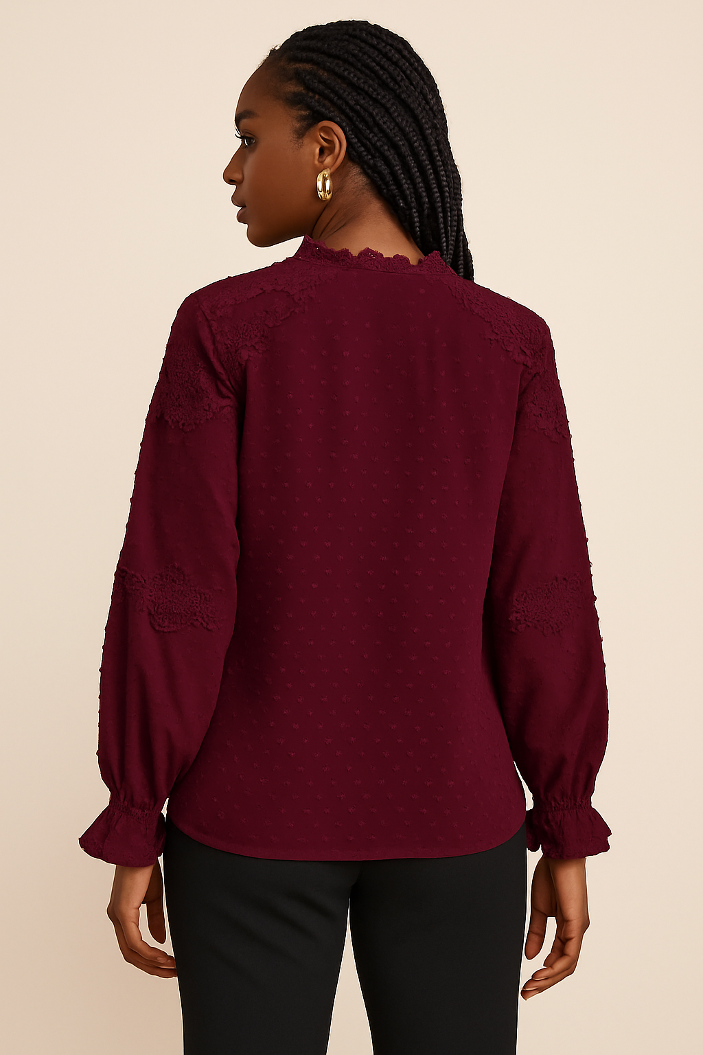 Crochet Tassel Tie Neck Long Sleeve Blouse