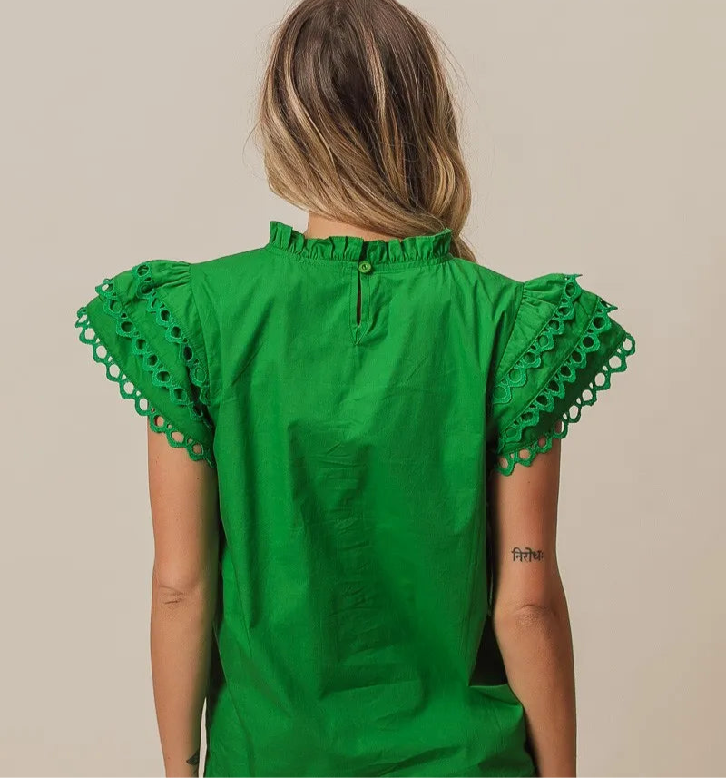 Woven Circle Trim Ruffle Top