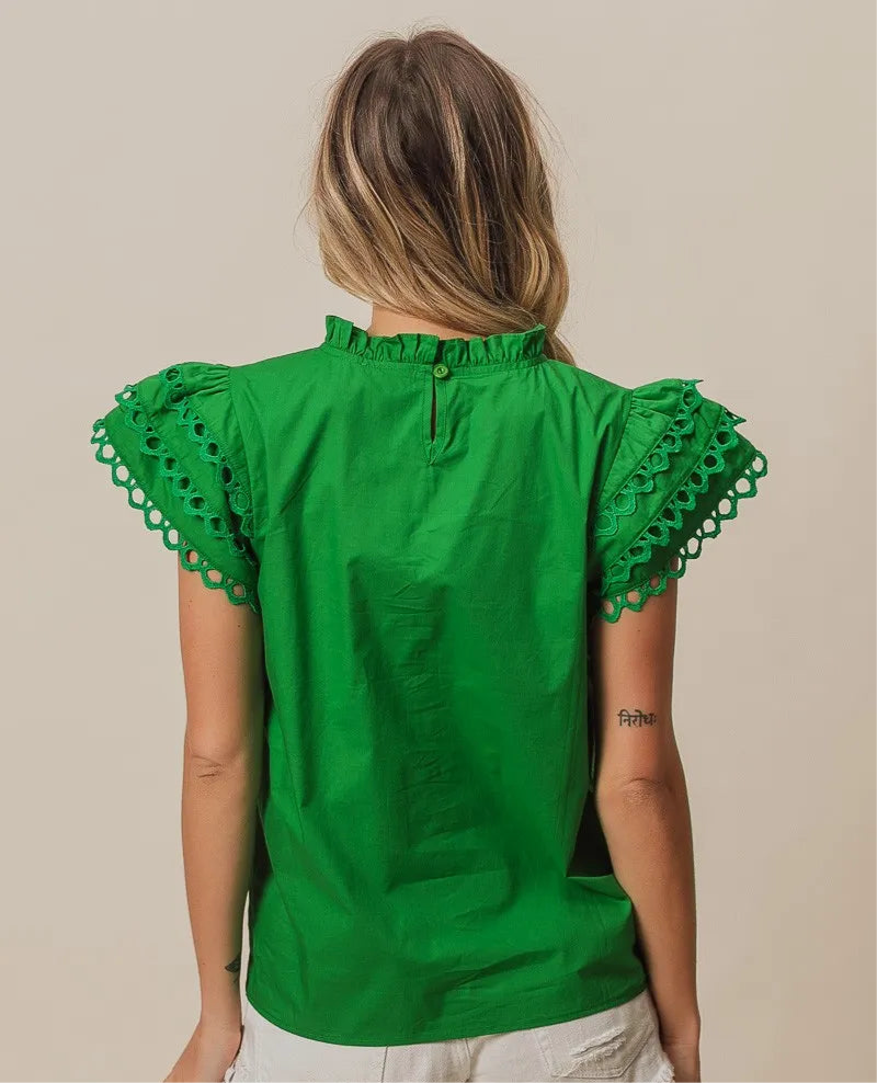 Woven Circle Trim Ruffle Top