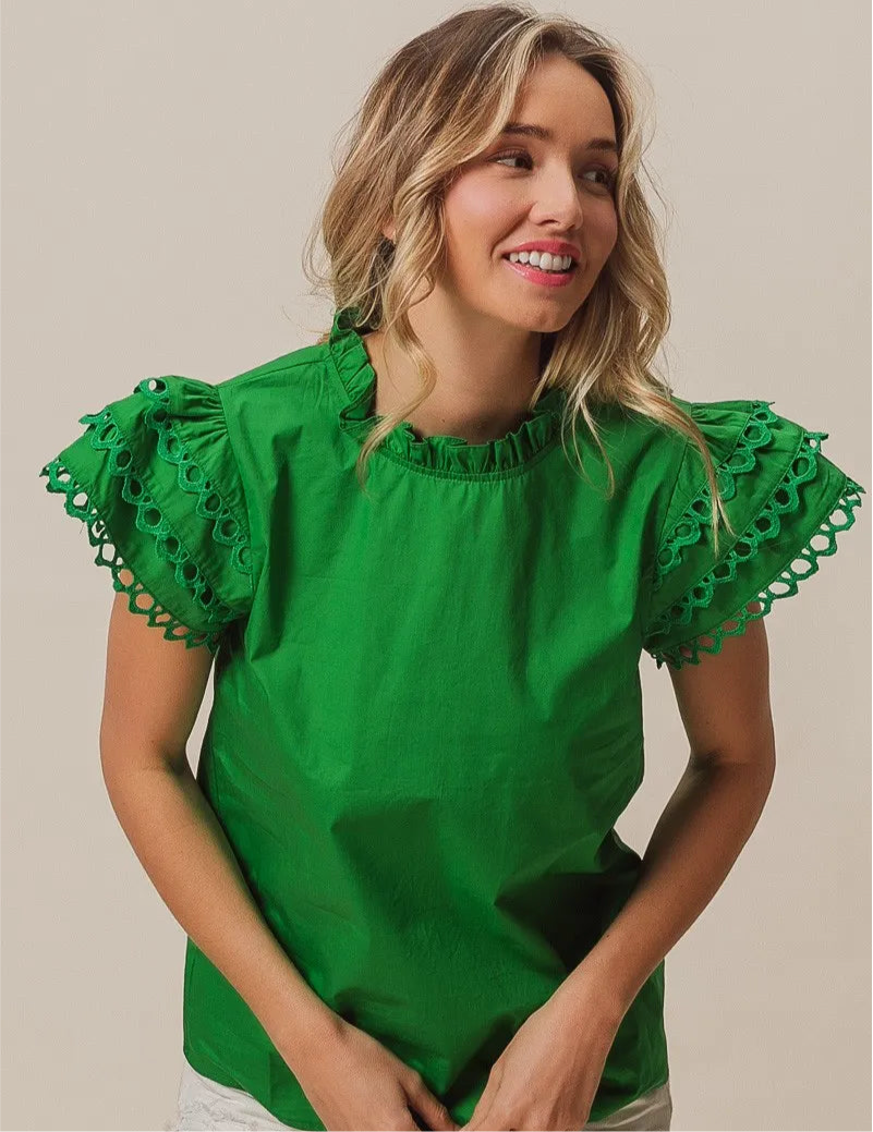 Woven Circle Trim Ruffle Top