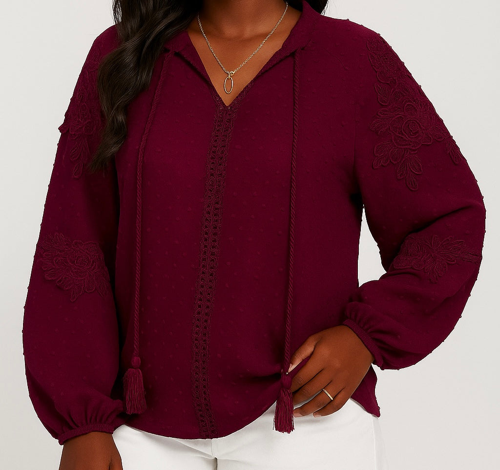 Crochet Tassel Tie Neck Long Sleeve Blouse