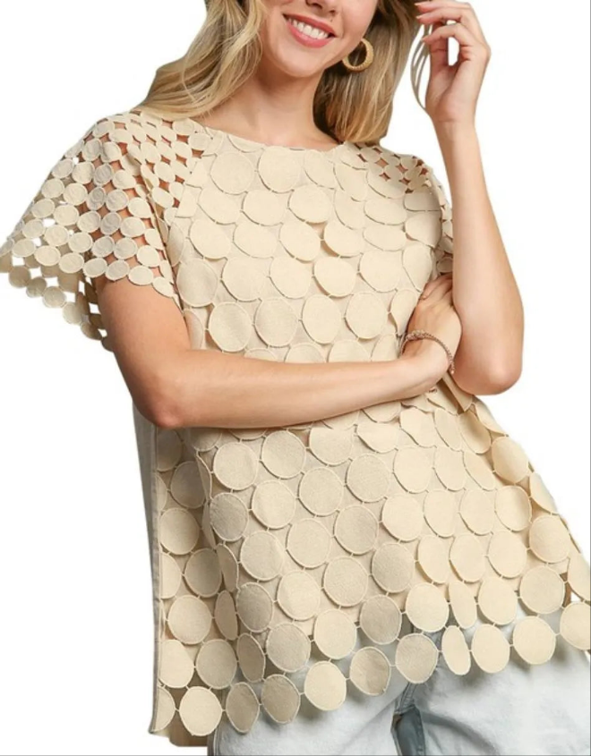 Mixed Polka Dot Lace Raglan Sleeve Boxy Cut Top