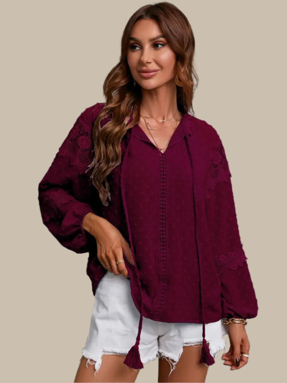 Crochet Tassel Tie Neck Long Sleeve Blouse