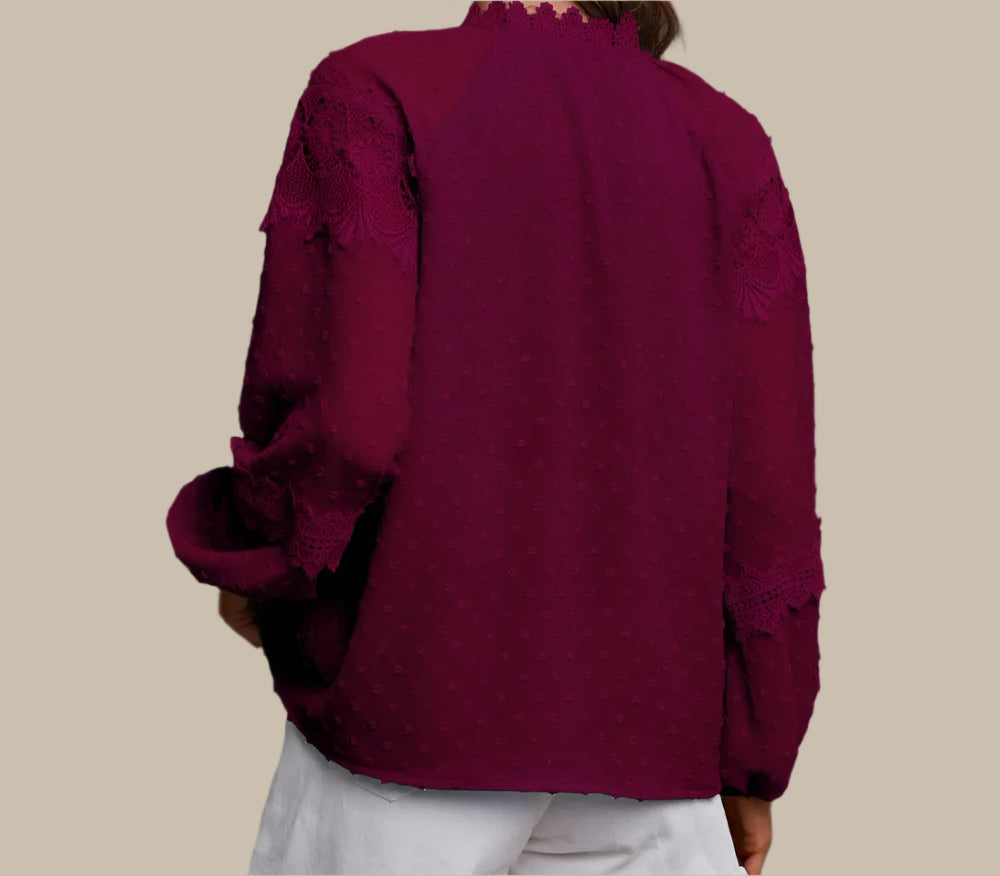 Crochet Tassel Tie Neck Long Sleeve Blouse