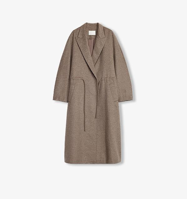 Wool Peaked Lapel Drawstring Mid-Length Wool Coat