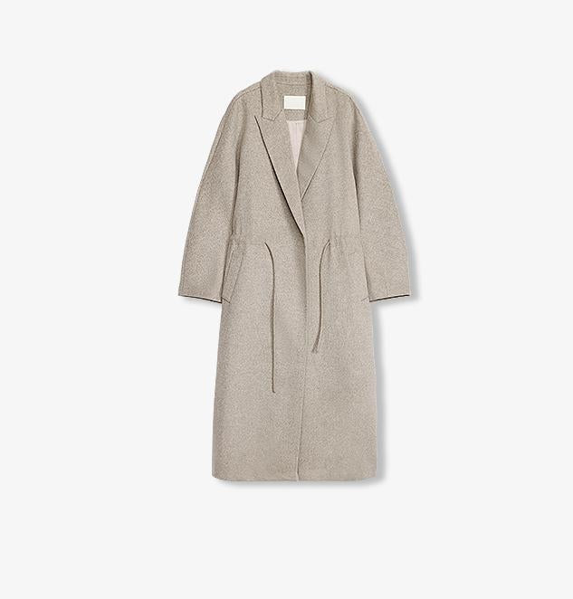 Wool Peaked Lapel Drawstring Mid-Length Wool Coat